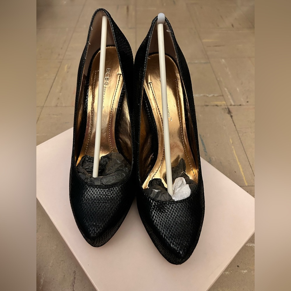 BCBG Generation Black Snake skin platform heel